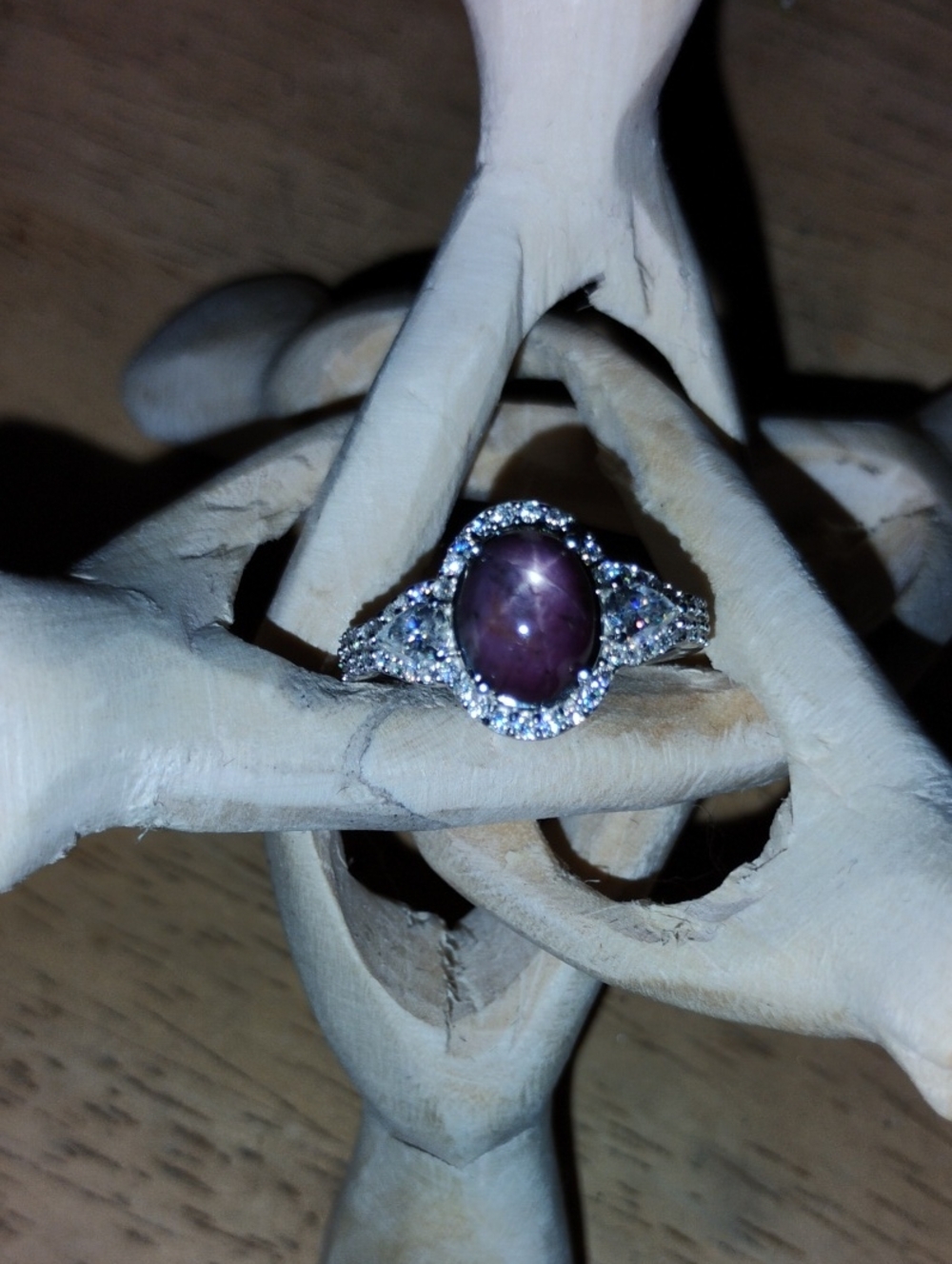 Genuine Star Ruby Moissanite Ring In Rhodium Over Sterling Silver